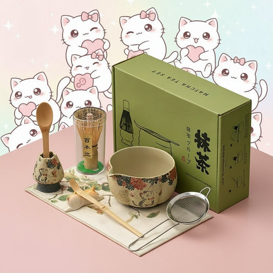 8-Piece Red Firestone Flint Matcha Set. Cat & Sakura